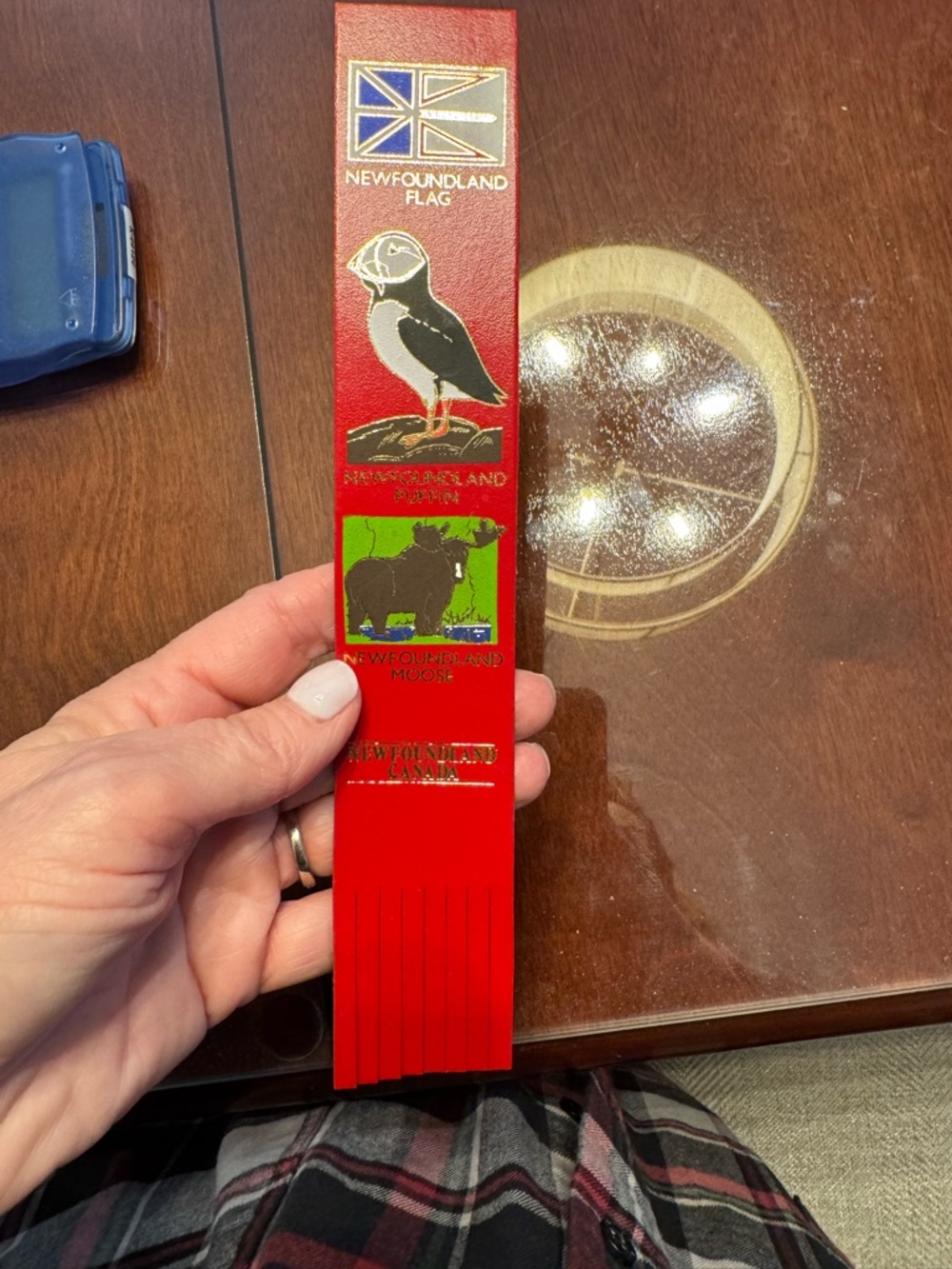 Newfoundland Red leather Bookmark - flag puffin moose
